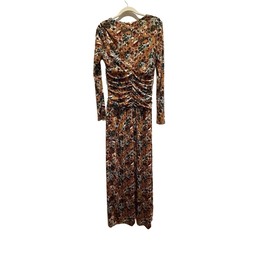 Tanya Taylor Maxi Dress Womens Mustard Yellow Floral Long Sleeve V-Neck Ruched M - Picture 3 of 7